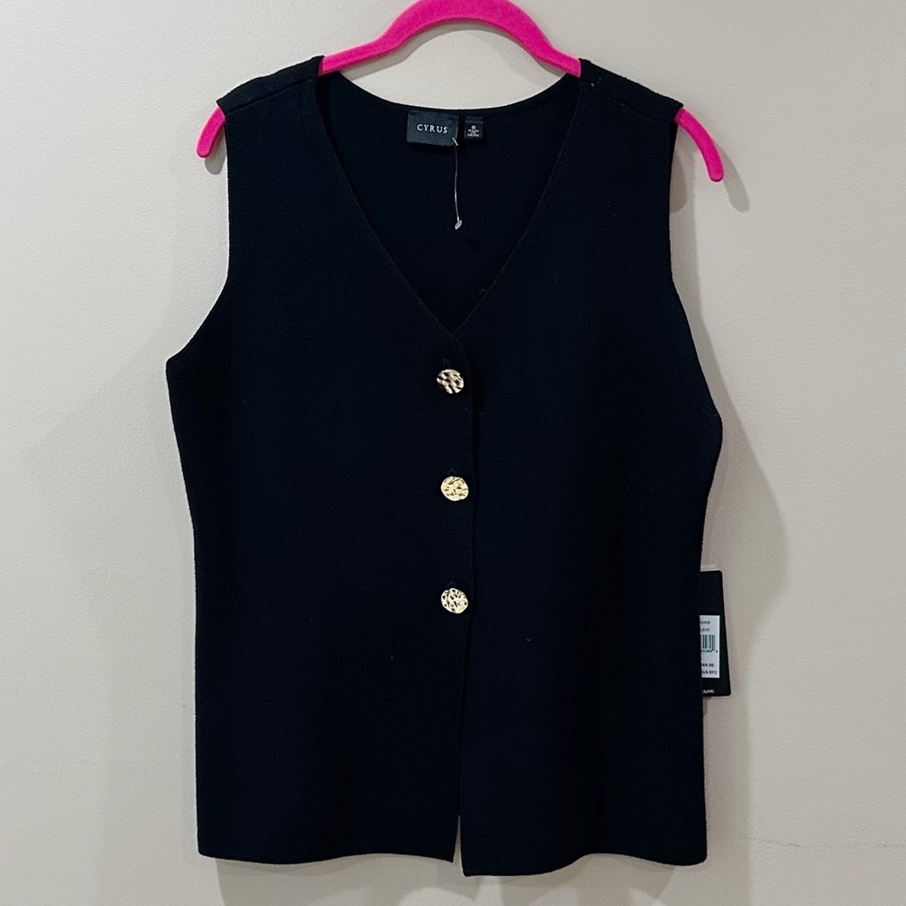 Cyrus Vest Waistcoat Top Women Small Black Knit Button V Neck Sleeveless NWT
